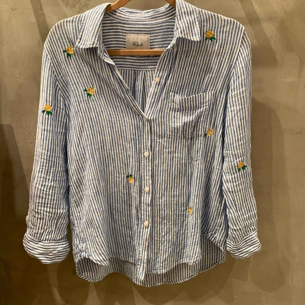 Rails Charli Embroidered Linen Blue Stripe Button Down